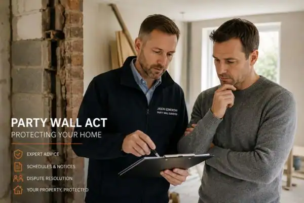 Party wall surveyor New Milton discussing extension plans with homeowner outside a UK semi-detached house.